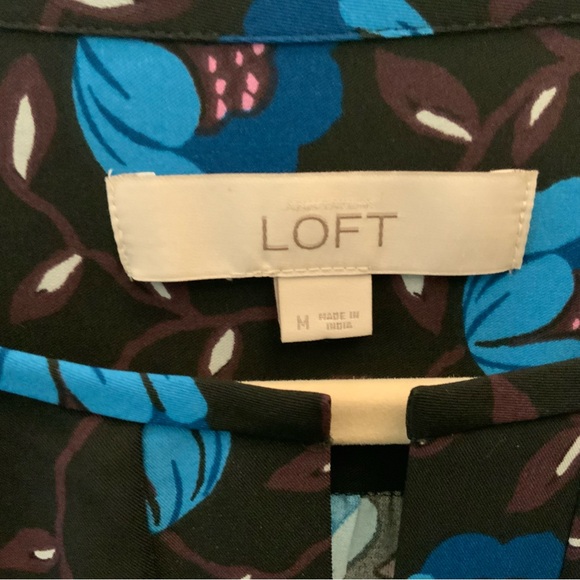 LOFT Black Blue Floral Print Shirt Dress Medium Band Collar Like New - Picture 4 of 9